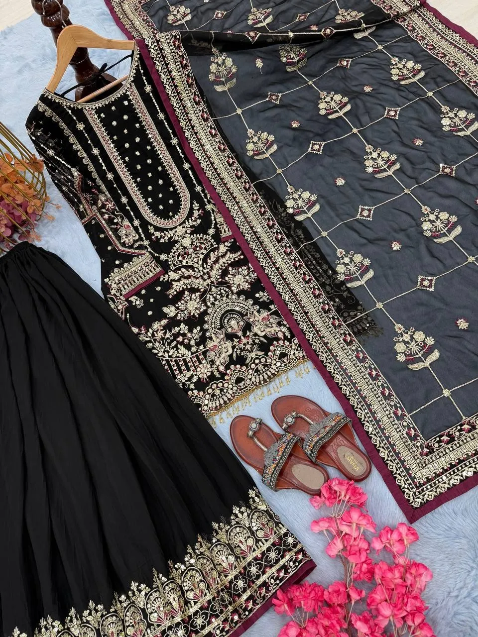 Black Pakistani Readymade Sharara Salwar Set