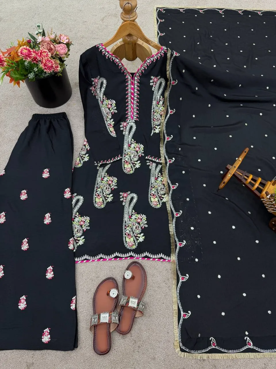 Black Sharara Suit Multi color Embroidery