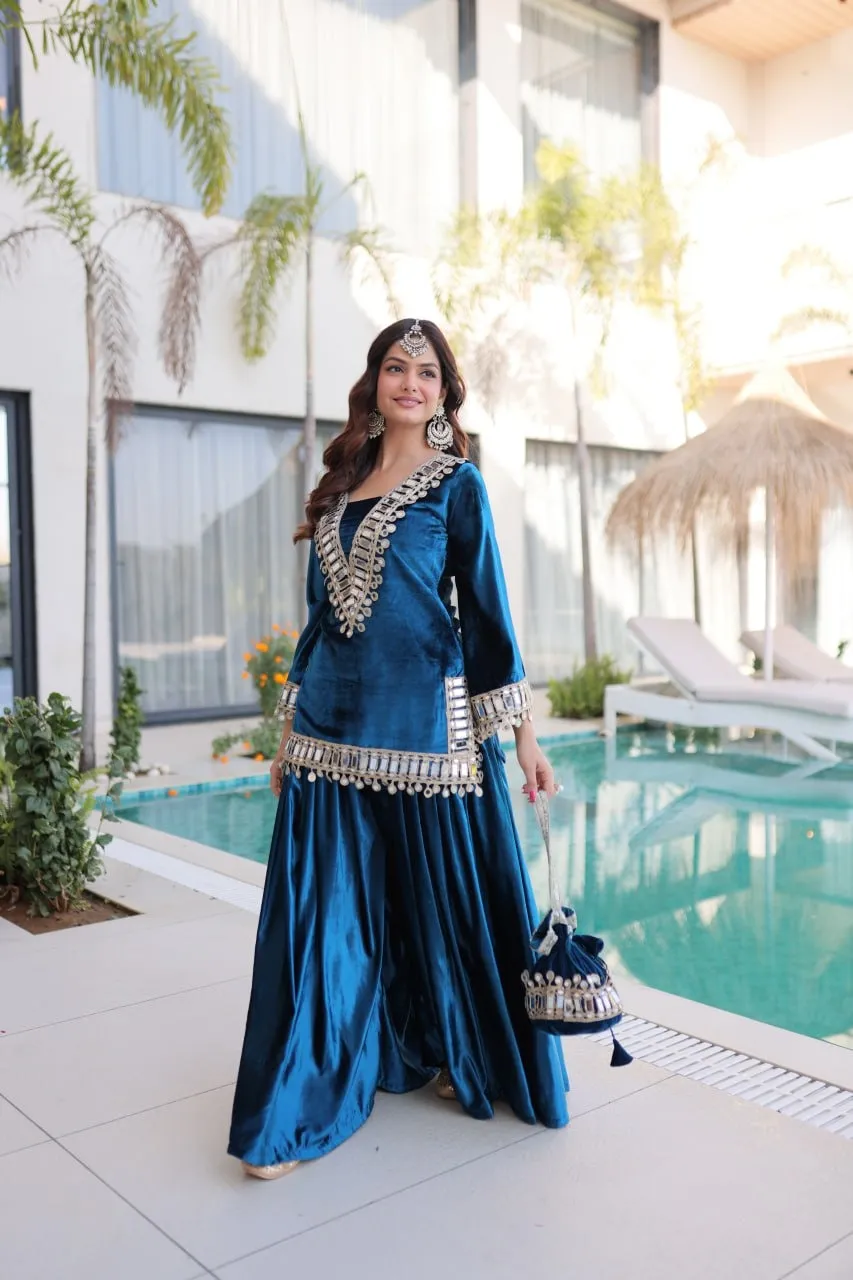 Blue Mirror Work Co ord Set with Batwa