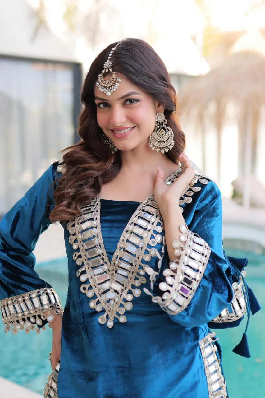 Blue Mirror Work Co ord Set with Batwa