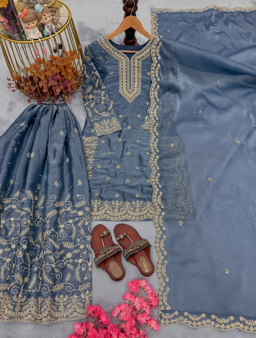 Blue Pakistani Plazzo Salwar Set Readymade