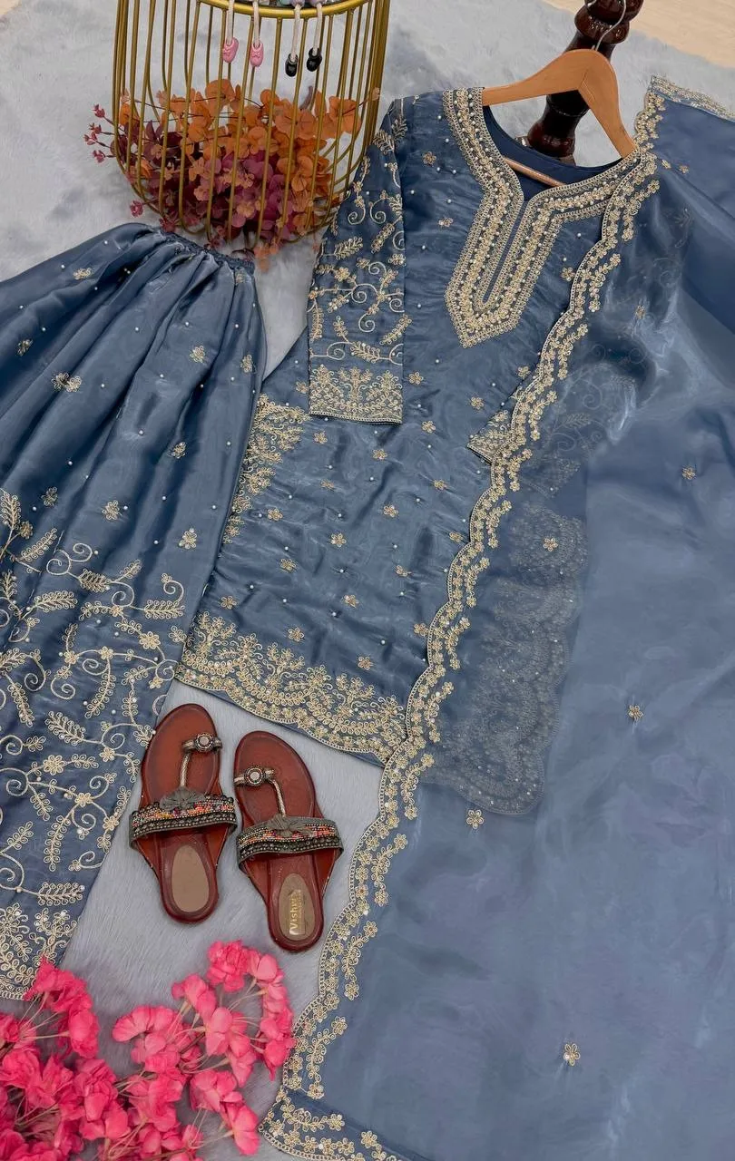 Blue Pakistani Plazzo Salwar Set Readymade