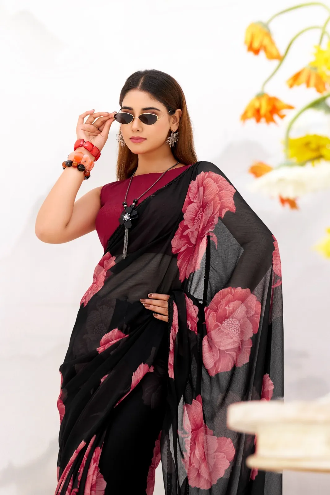Bollywood Style Black with Red Floral Chiffon Saree