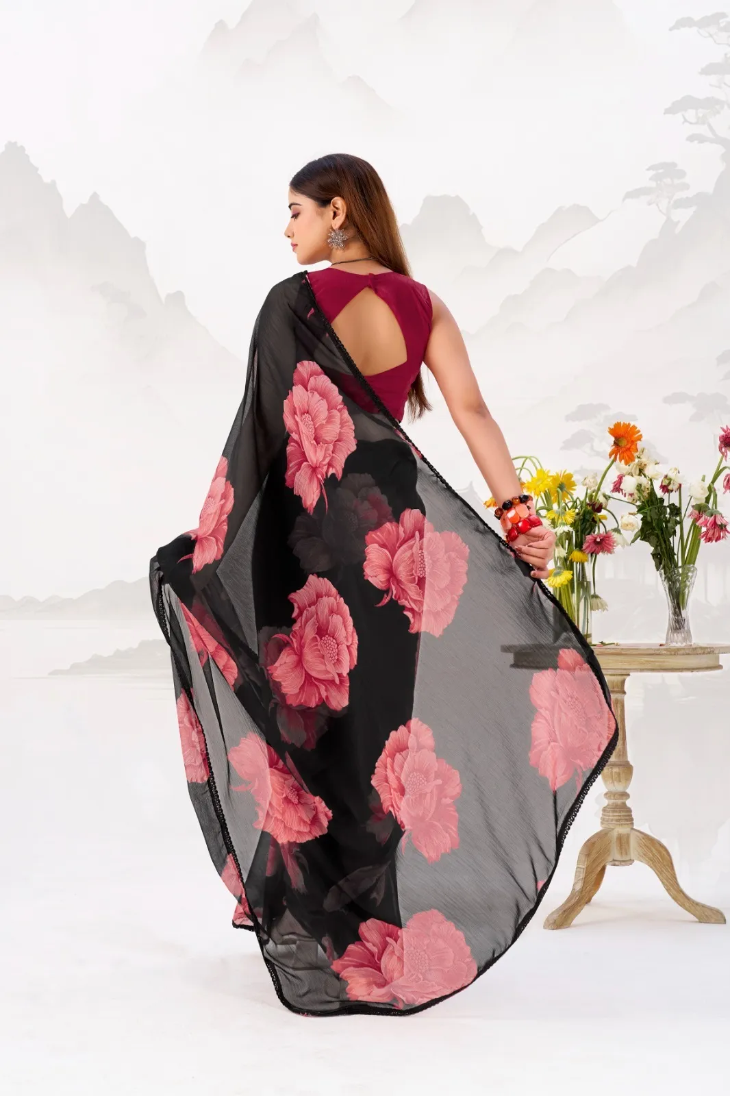 Bollywood Style Black with Red Floral Chiffon Saree