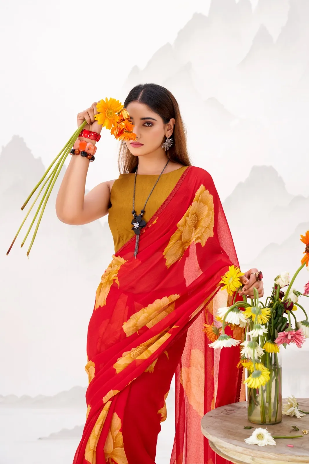 Bollywood Style Red with Orange Floral Chiffon Saree