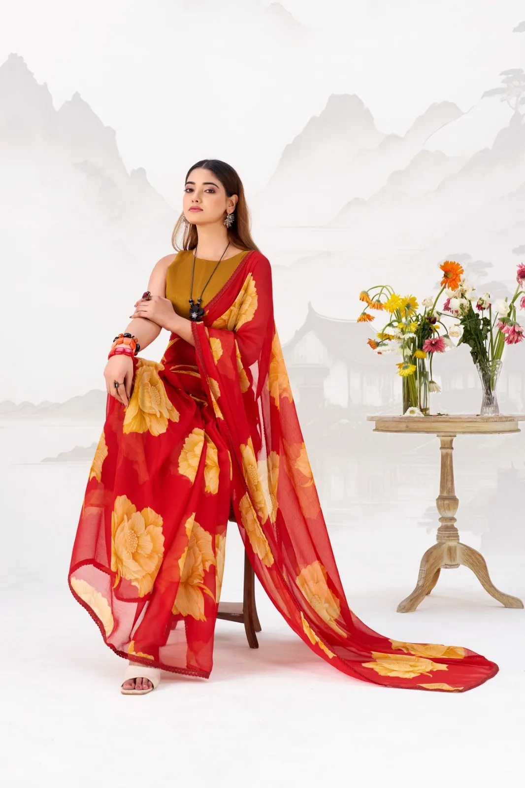 Bollywood Style Red with Orange Floral Chiffon Saree