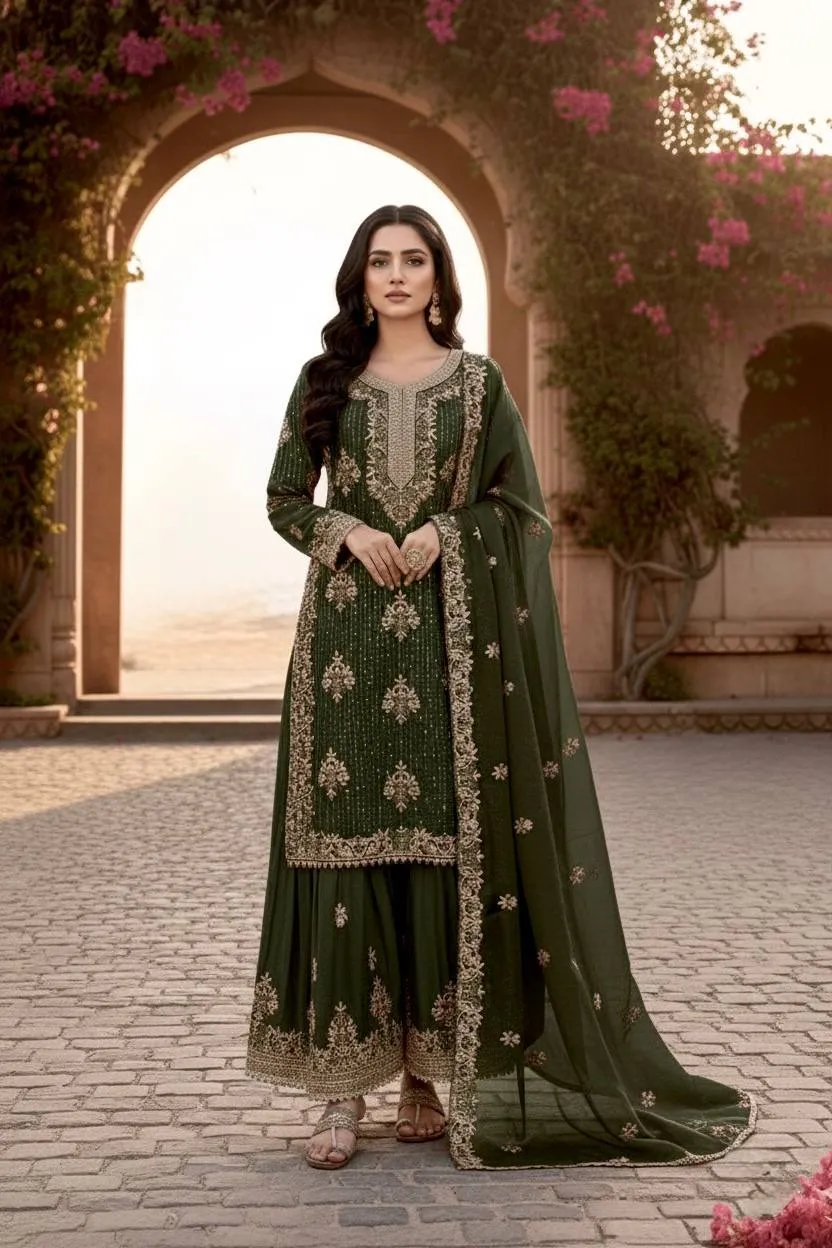 Diamond Work Readymade Pakistani Green Dress
