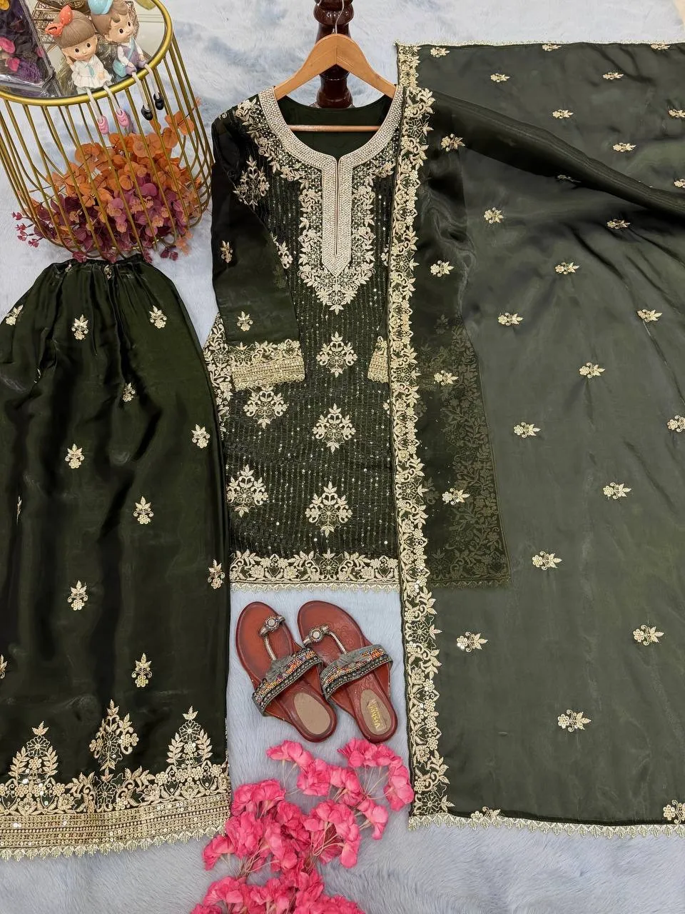 Diamond Work Readymade Pakistani Green Dress