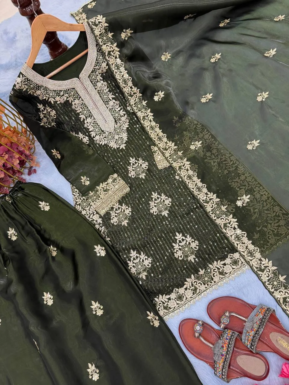 Diamond Work Readymade Pakistani Green Dress