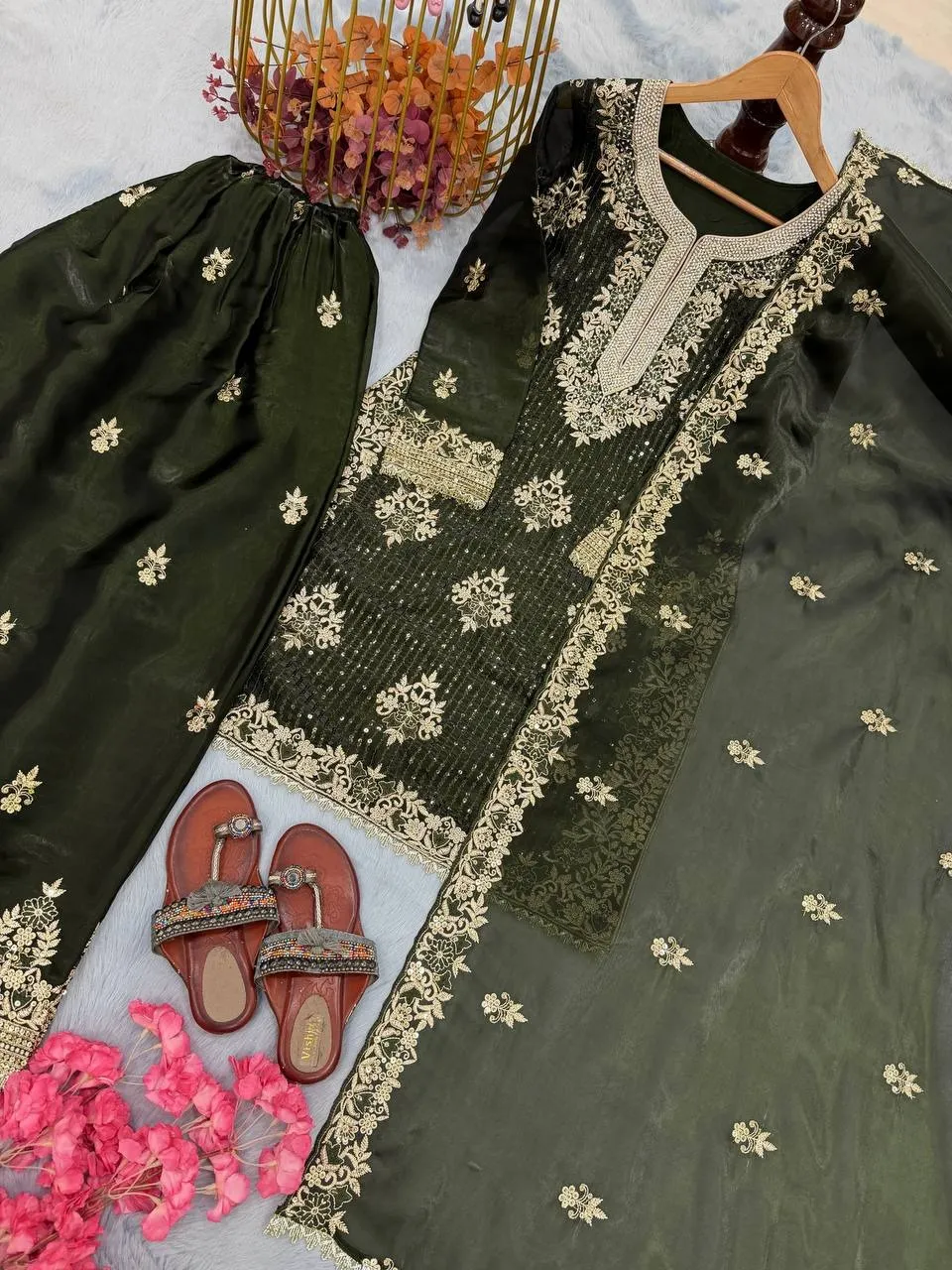 Diamond Work Readymade Pakistani Green Dress