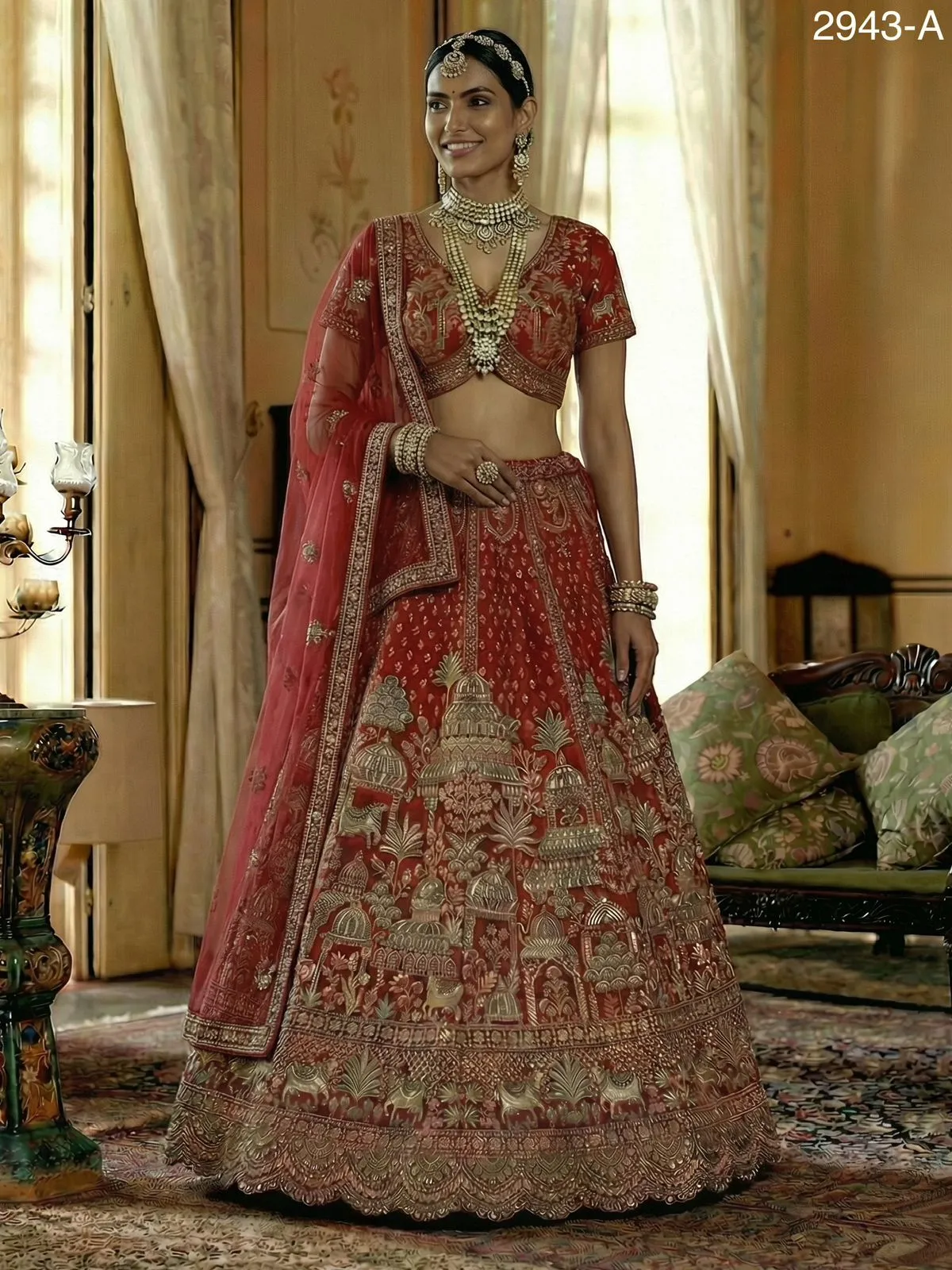 Double Dupatta Flared Bridal Lehenga Choli in Red
