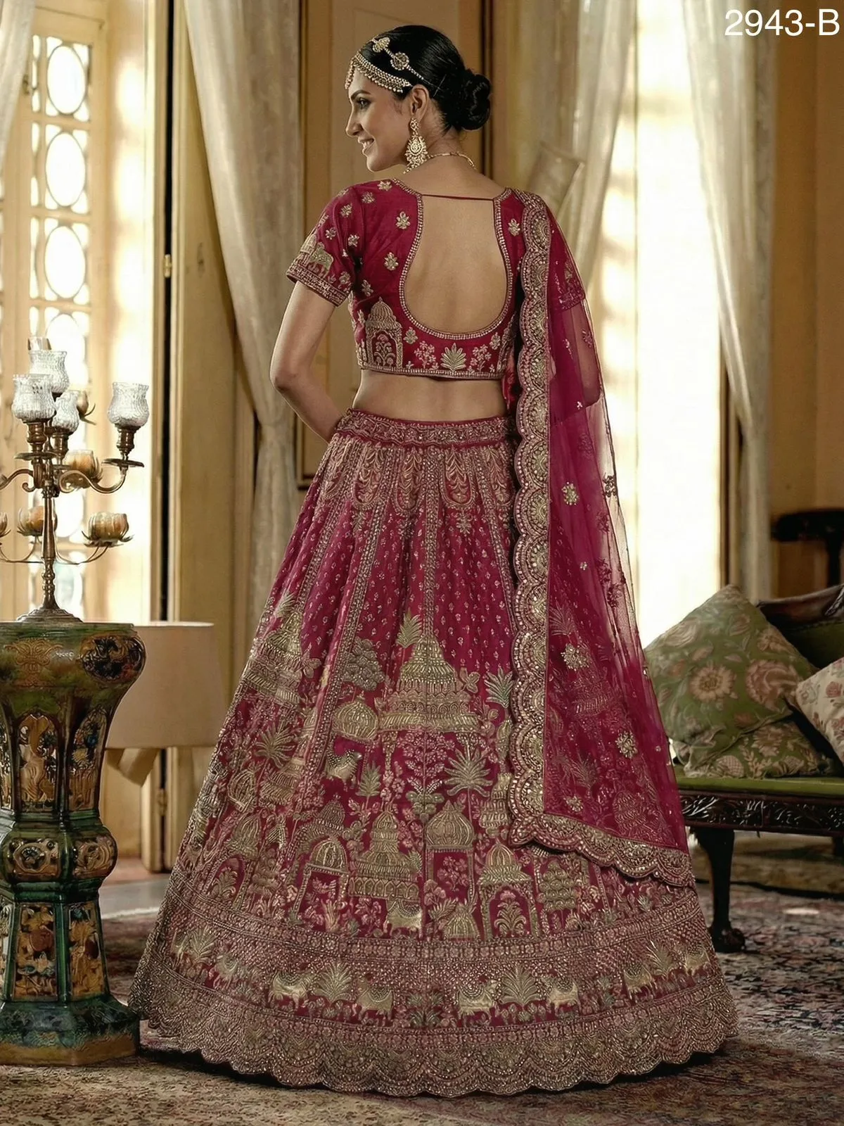 Double Dupatta Flared Bridal Lehenga Choli Rani Color