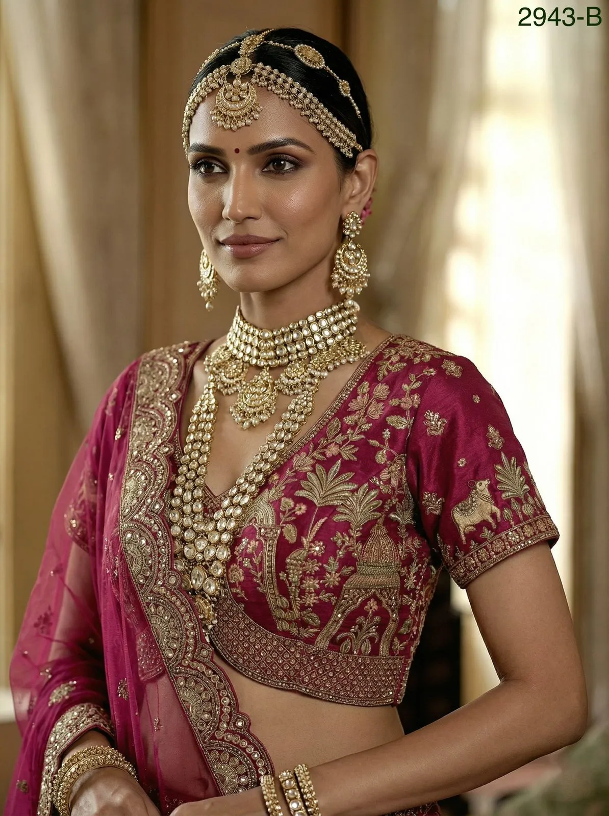 Double Dupatta Flared Bridal Lehenga Choli Rani Color