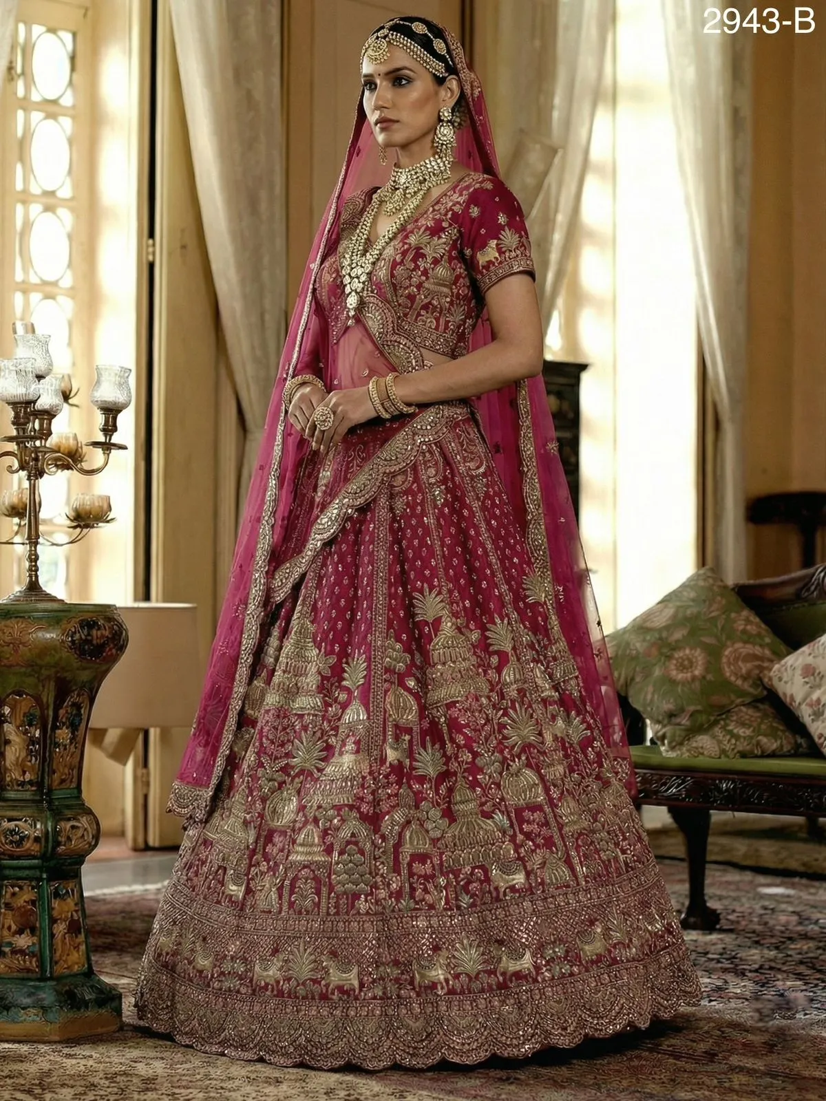 Double Dupatta Flared Bridal Lehenga Choli Rani Color