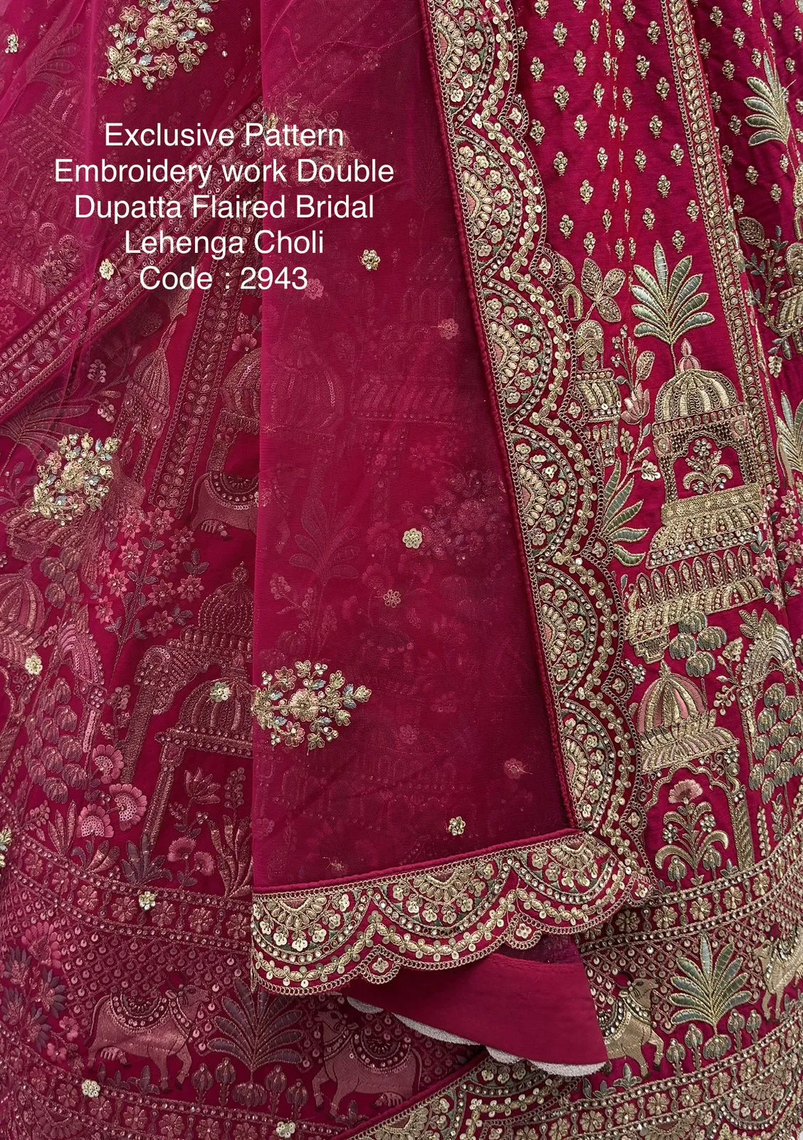 Double Dupatta Flared Bridal Lehenga Choli Rani Color