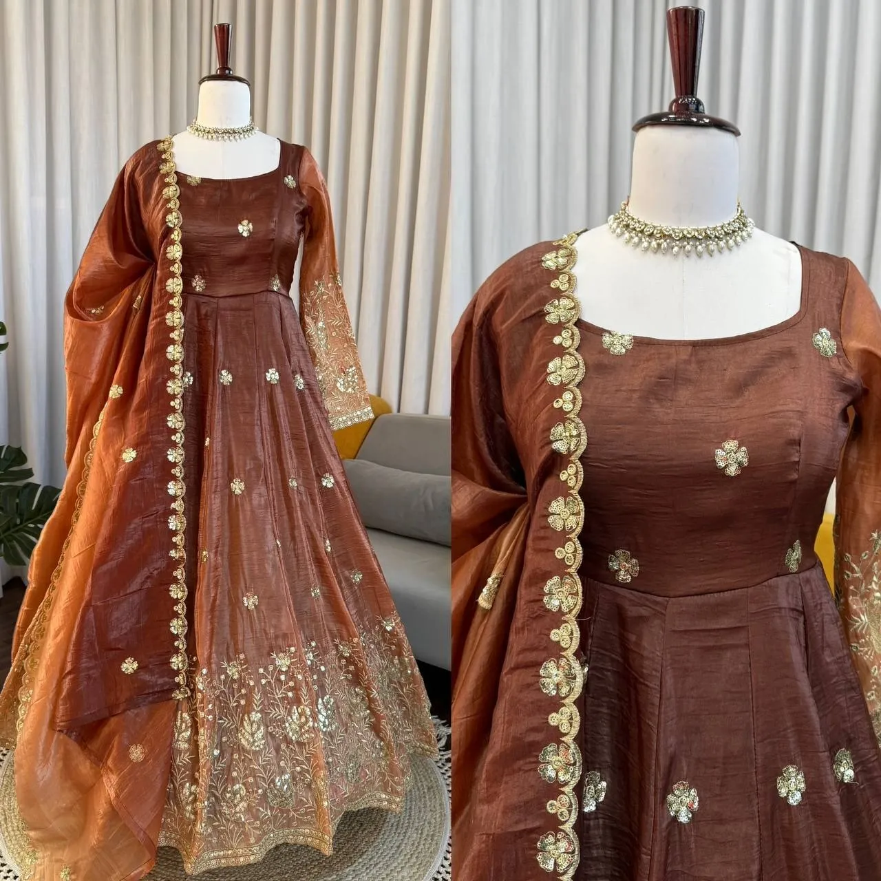Embroidered Brown Anarkali Set for Festive Wear