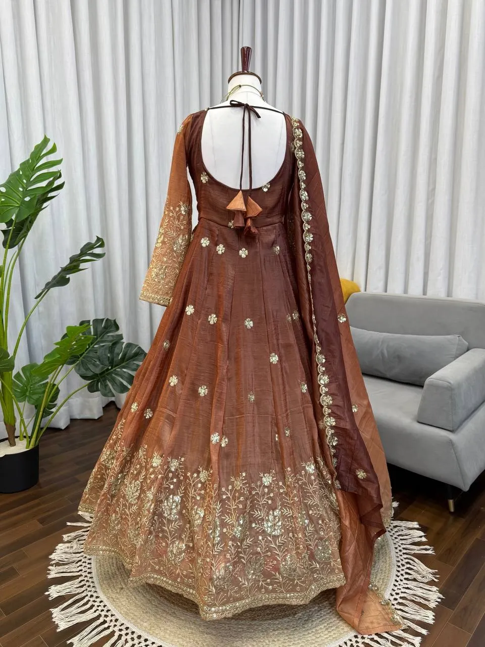 Embroidered Brown Anarkali Set for Festive Wear