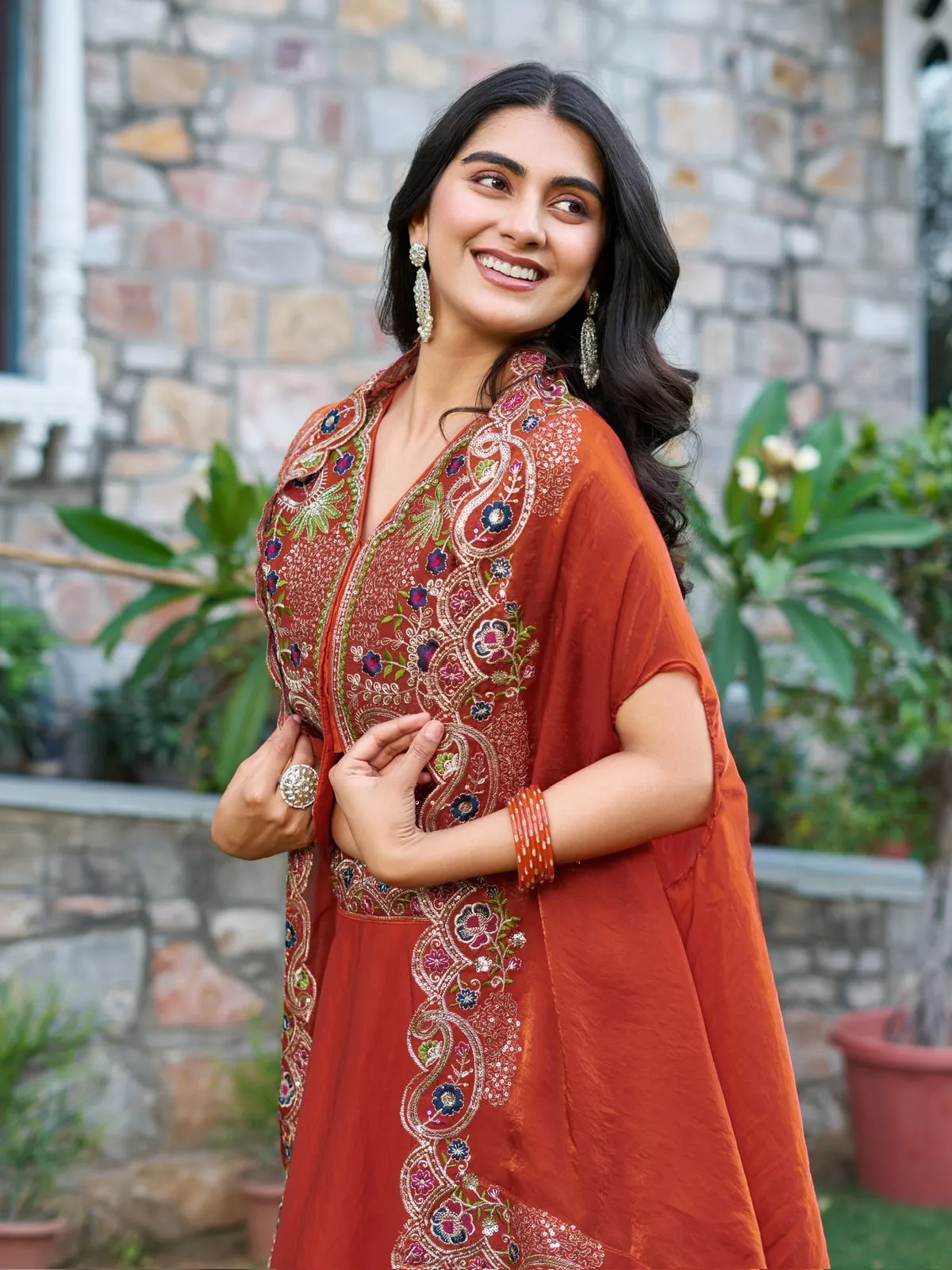 Fancy Orange Readymade Lehenga with Shrug Style Dupatta