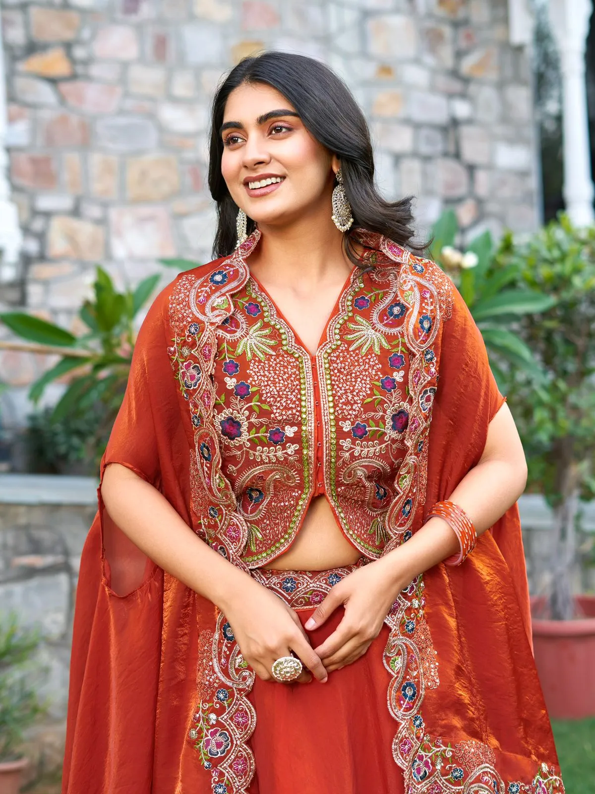 Fancy Orange Readymade Lehenga with Shrug Style Dupatta