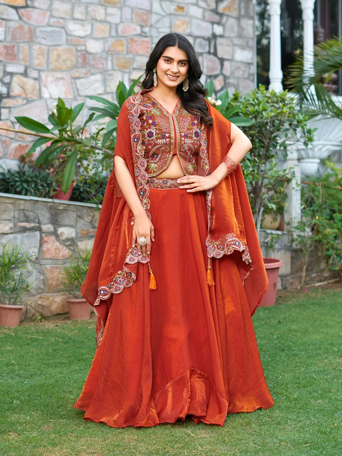 Fancy Orange Readymade Lehenga with Shrug Style Dupatta