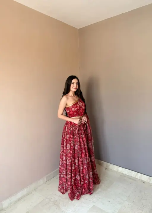 Floral Printed Red One Shoulder Blouse with Lehenga set