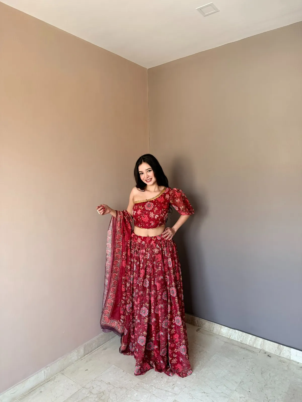 Floral Printed Red One Shoulder Blouse with Lehenga set