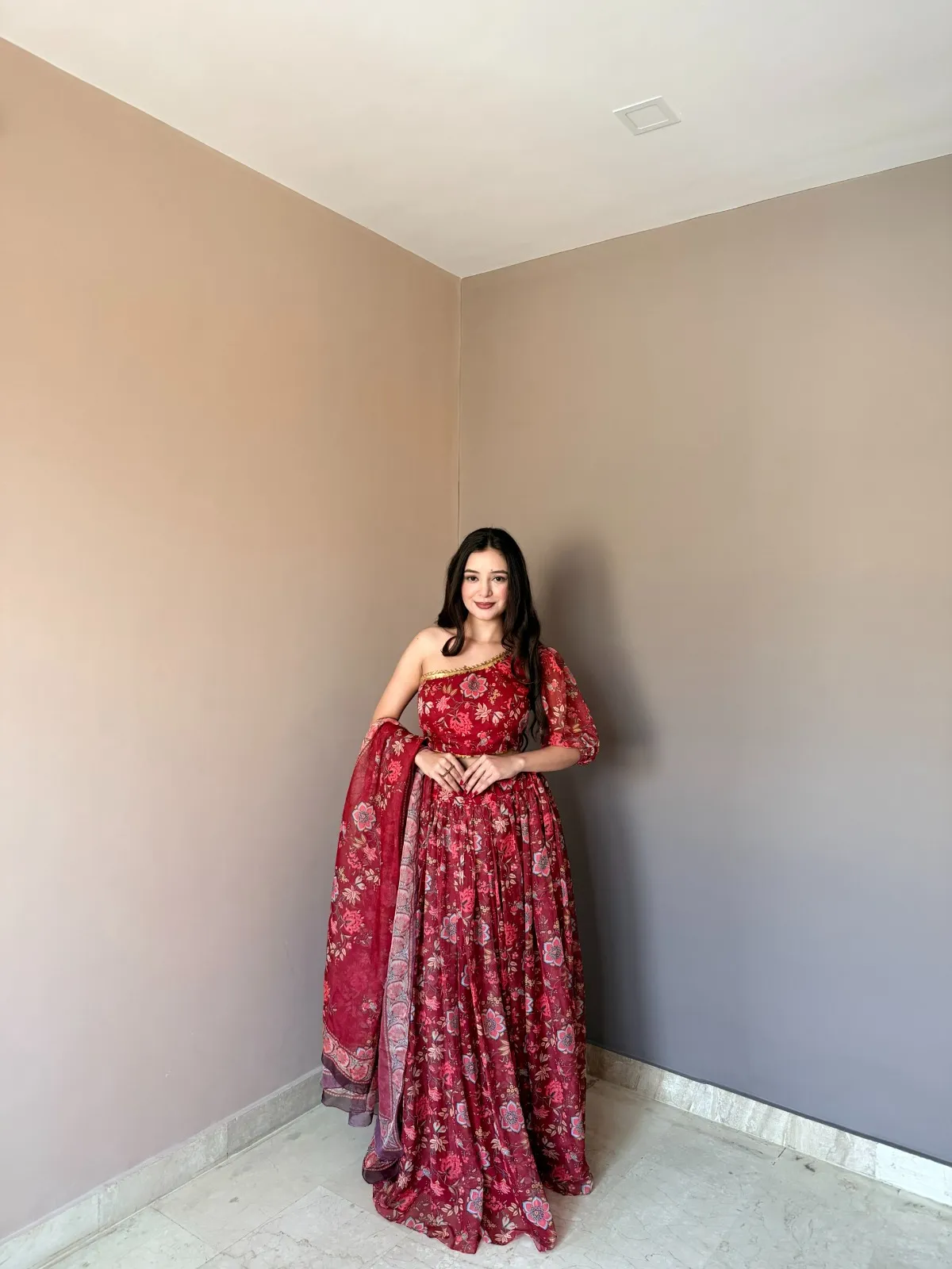 Floral Printed Red One Shoulder Blouse with Lehenga set
