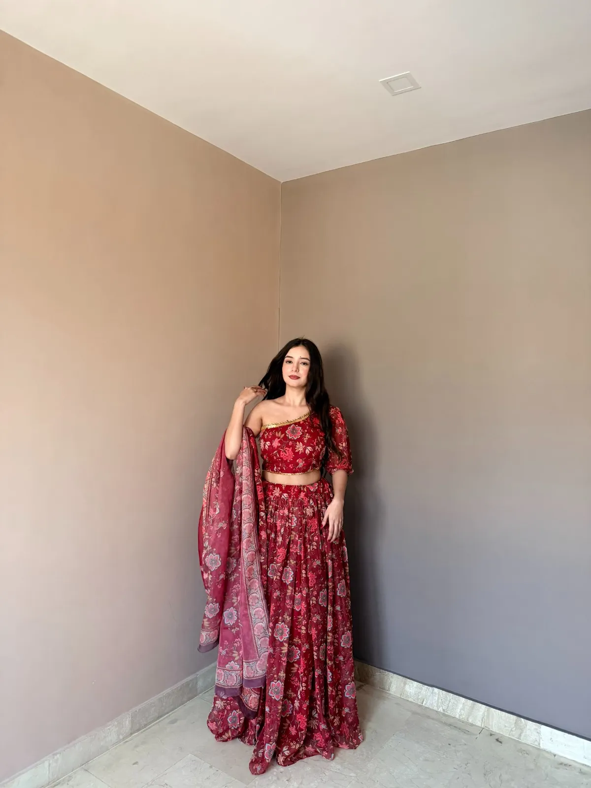 Floral Printed Red One Shoulder Blouse with Lehenga set