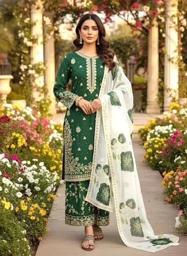 Full Embroidery Green Pakistani Kurti Set