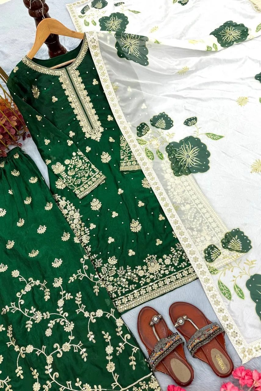 Full Embroidery Green Pakistani Kurti Set
