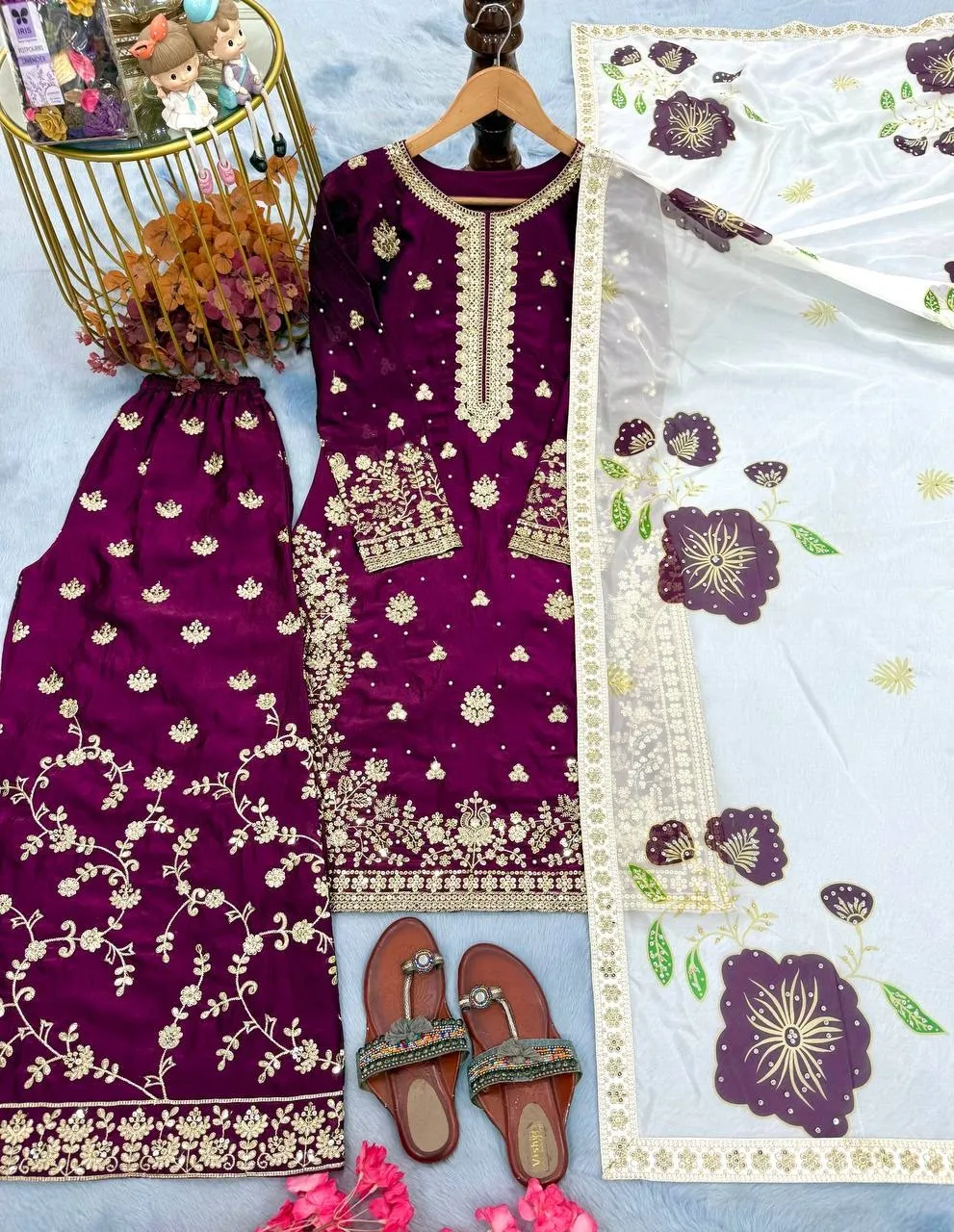 Full Embroidery Purple Pakistani Kurti Set