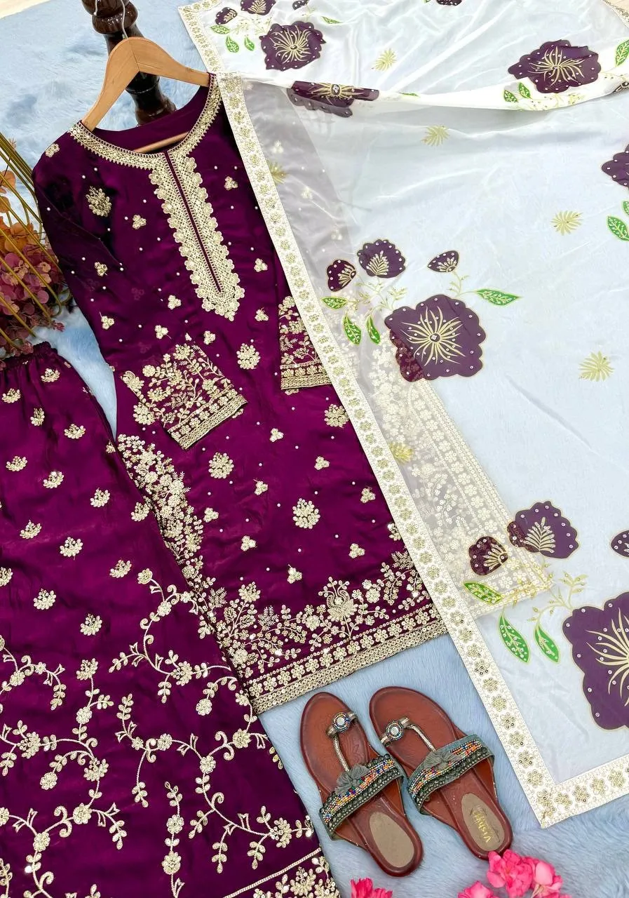Full Embroidery Purple Pakistani Kurti Set