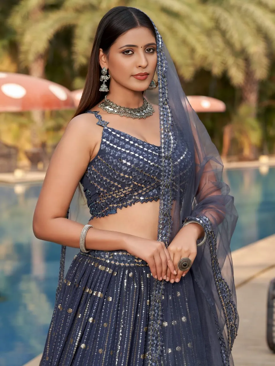 Gray Reception Lehenga with Embroidery