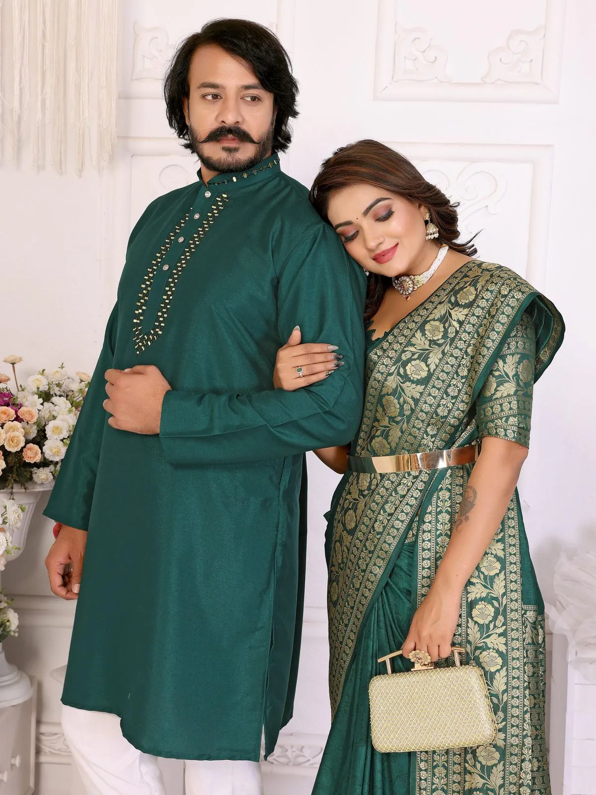Green Color Silk Saree with Kurta Couple Combo