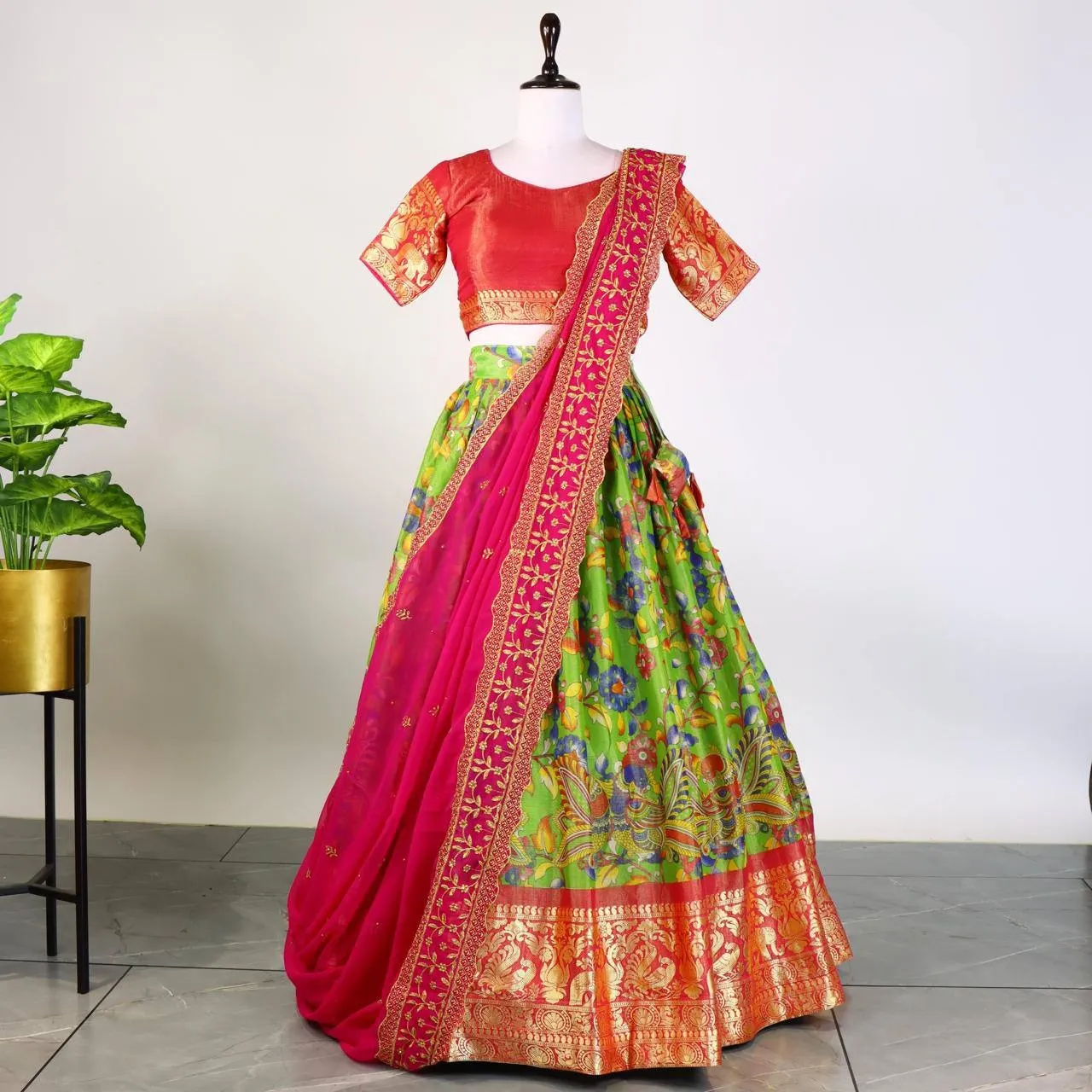 Green Kalamkari Printed Lehenga for Girls
