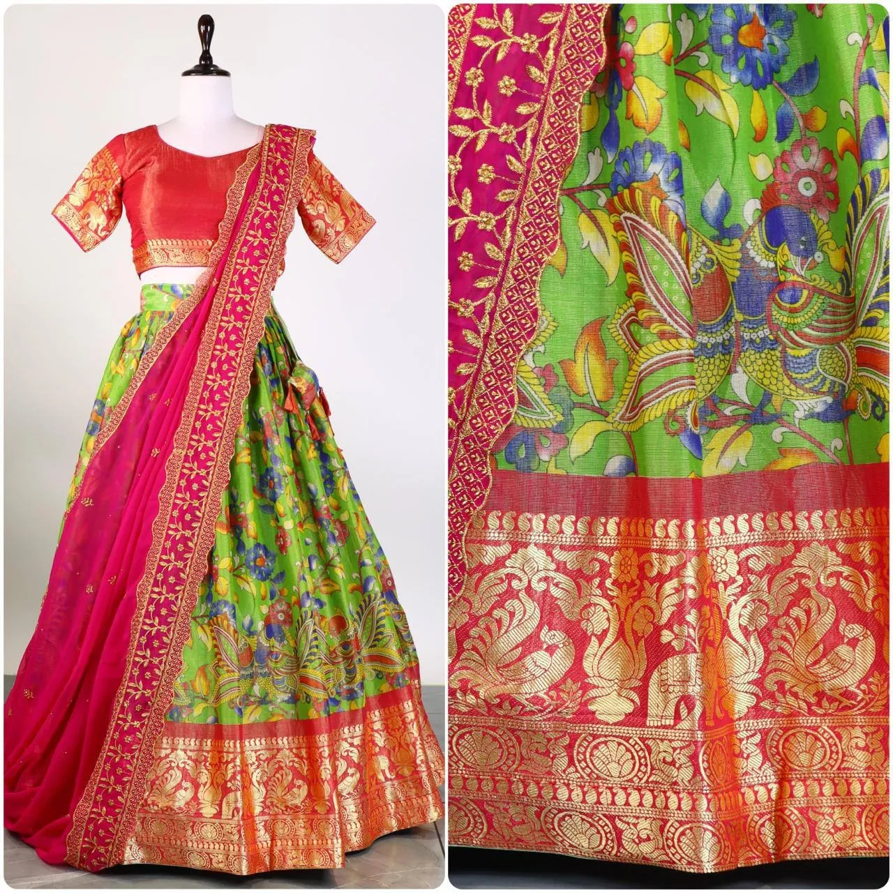 Green Kalamkari Printed Lehenga for Girls