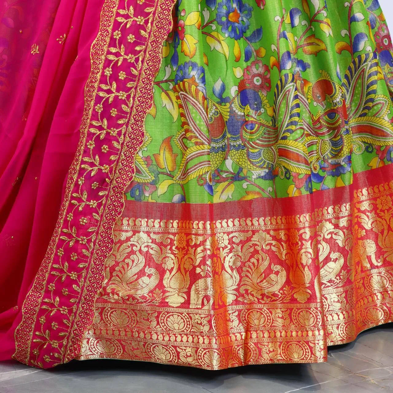 Green Kalamkari Printed Lehenga for Girls