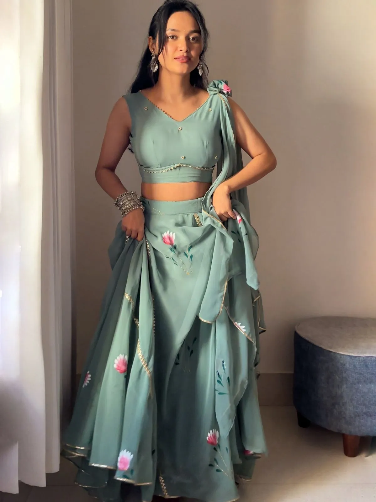 Hand painted Lehenga with Blouse attached Dupatta