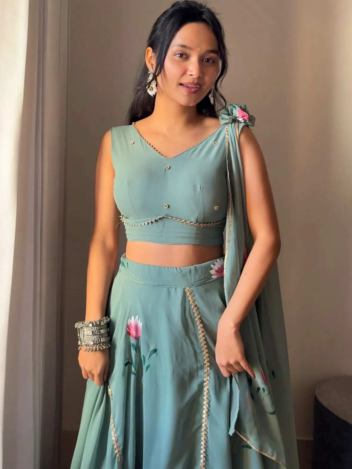 Hand painted Lehenga with Blouse attached Dupatta