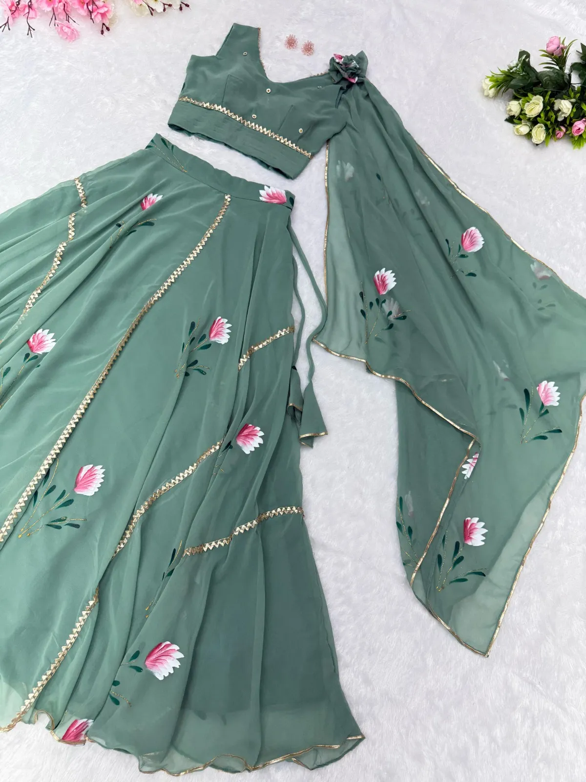 Hand painted Lehenga with Blouse attached Dupatta