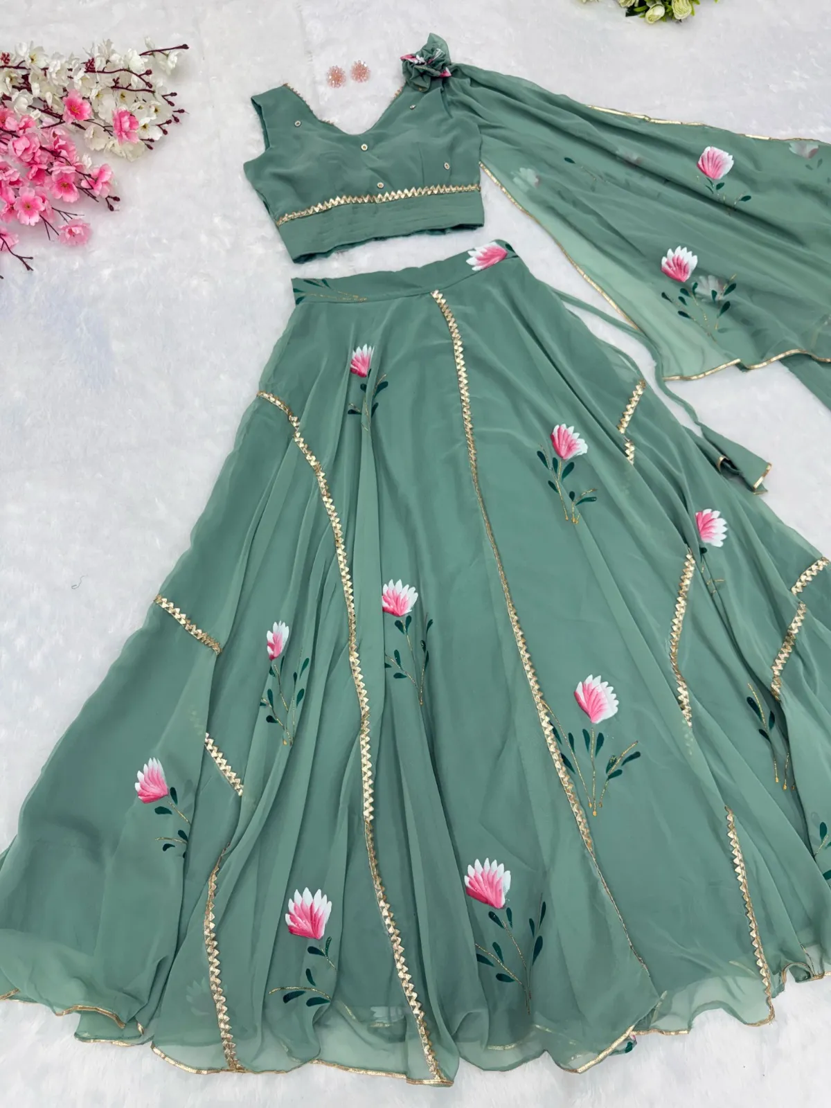 Hand painted Lehenga with Blouse attached Dupatta