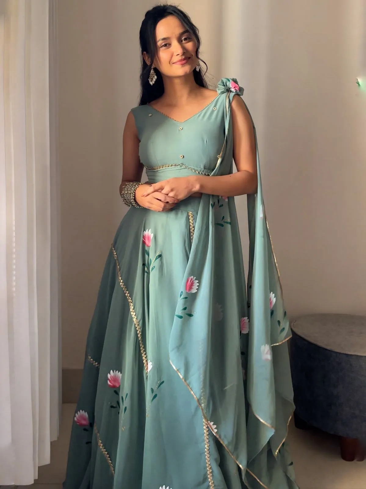 Hand painted Lehenga with Blouse attached Dupatta