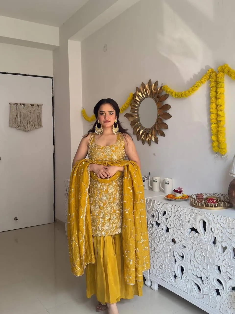 Influencer Style Sleeveless Yellow Sharara Suit for Haldi