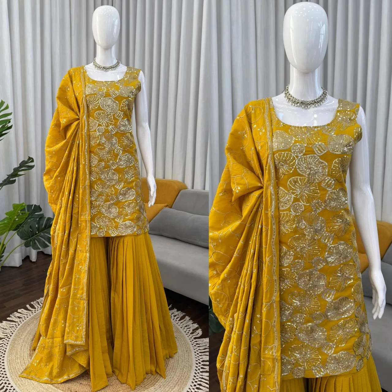 Influencer Style Sleeveless Yellow Sharara Suit for Haldi
