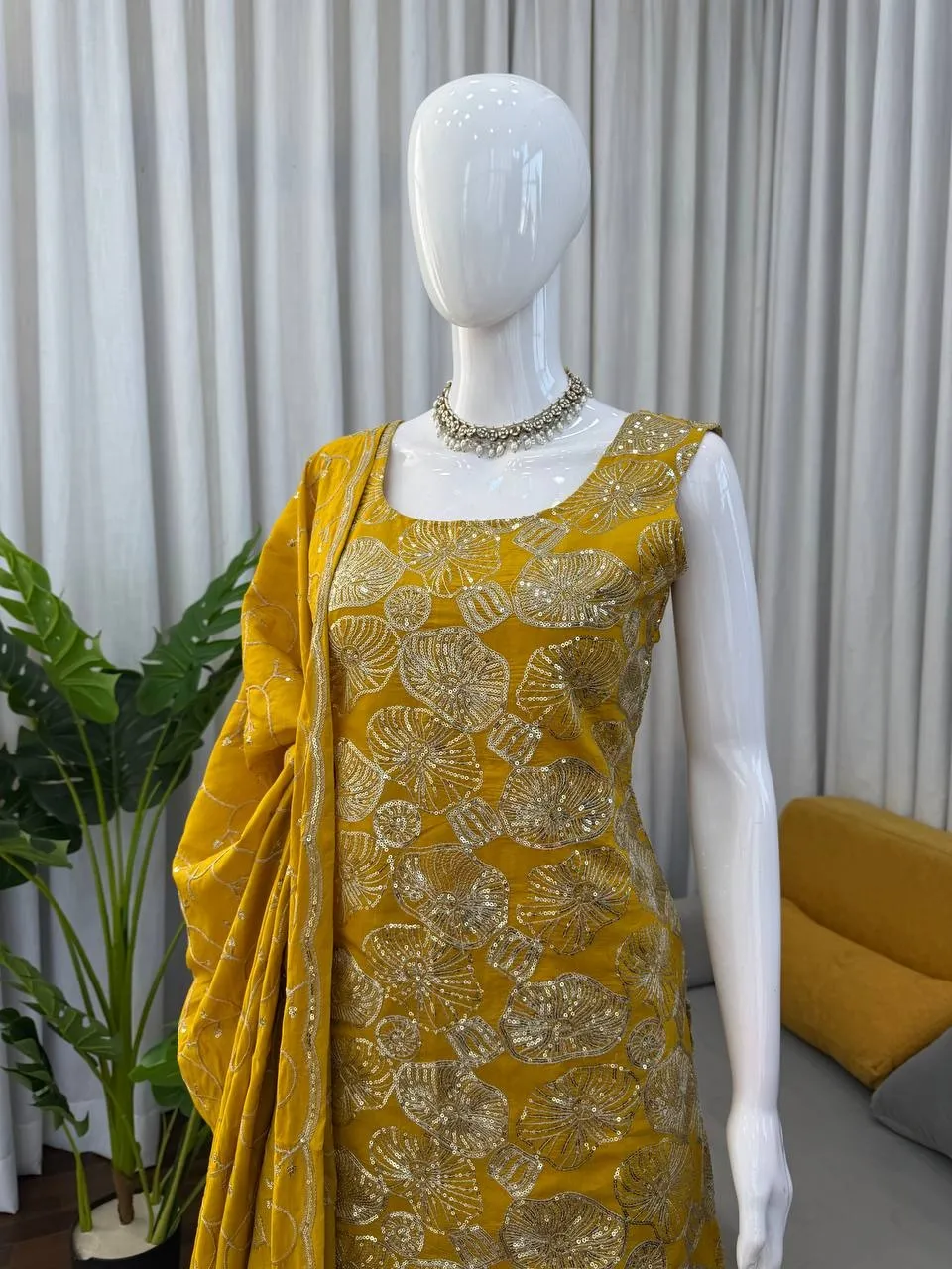Influencer Style Sleeveless Yellow Sharara Suit for Haldi