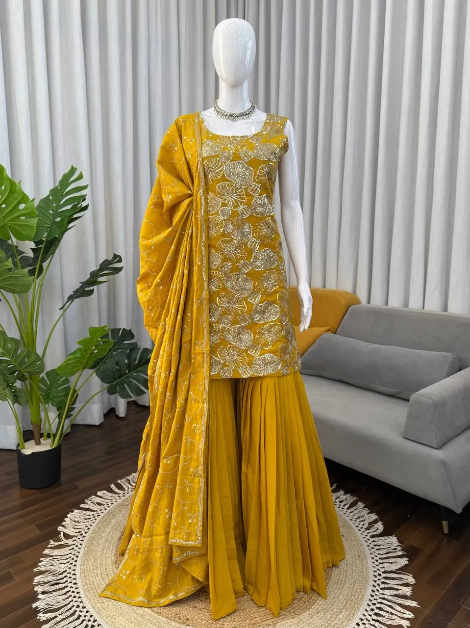 Influencer Style Sleeveless Yellow Sharara Suit for Haldi