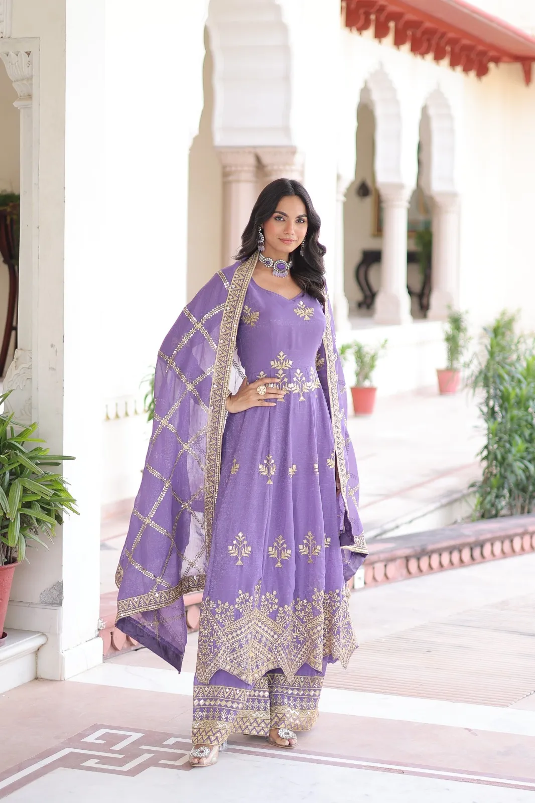 Lavender Heavy Work Gown with Bottom &amp; Dupatta
