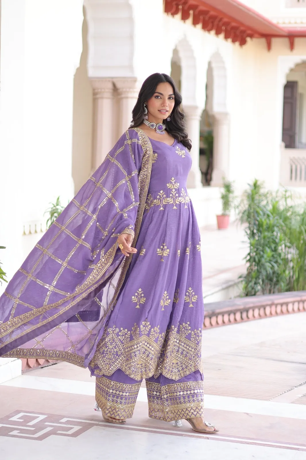 Lavender Heavy Work Gown with Bottom &amp; Dupatta