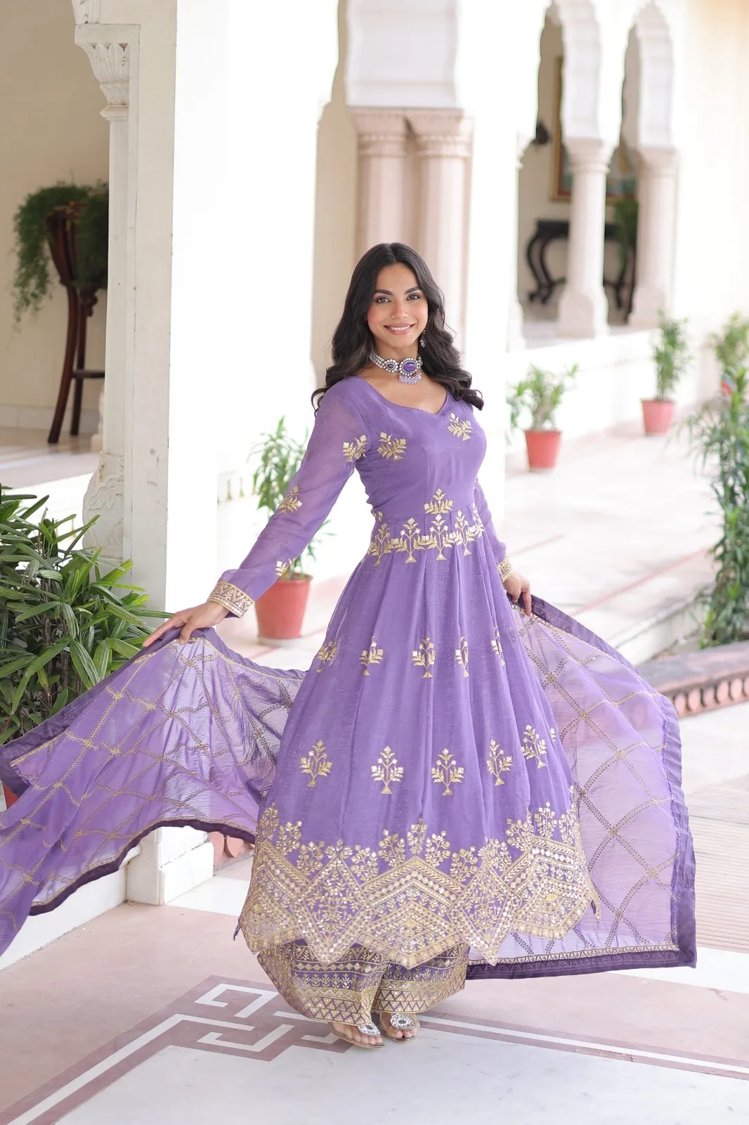 Lavender Heavy Work Gown with Bottom &amp; Dupatta