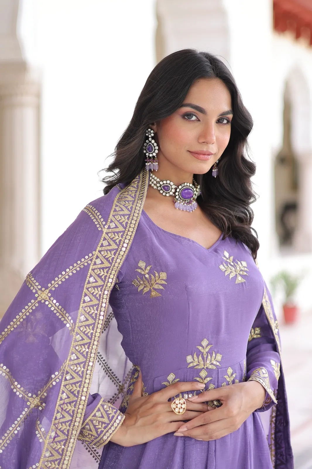 Lavender Heavy Work Gown with Bottom &amp; Dupatta
